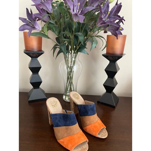 VINCE CAMUTO Color-Block Suede Cork-Heel Mules – Size 7 - Picture 1 of 7